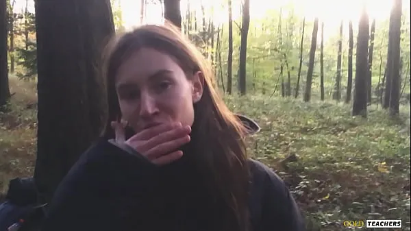 HD Young shy Russian girl gives a blowjob in a German forest and swallow sperm in POV (first homemade porn from family archive-stasjonsklipp